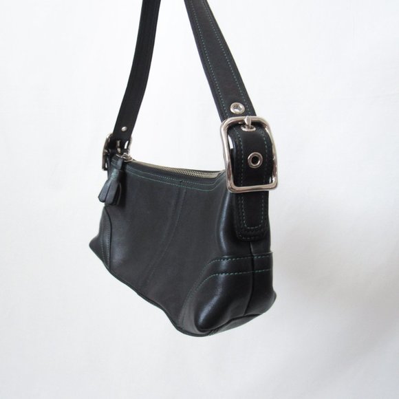 VINTAGE 90S COACH Leather Satchel Mini /Black W/ Green Stitching Chic & Sleek~ - Picture 5 of 11